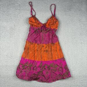100% SILK Guess Pink and Orange Striped Floral Slip Dress